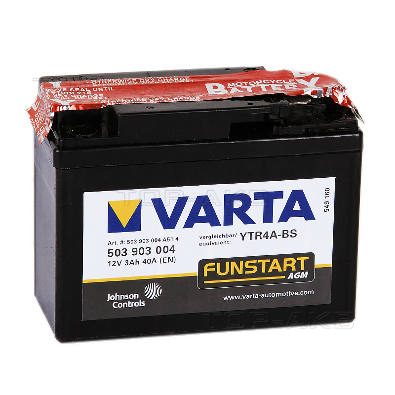 Мото аккумулятор VARTA Funstart AGM YTR4A-BS 12V 3Ah 40А (114x49x86) обр. пол. 503 903 004, сухозар.