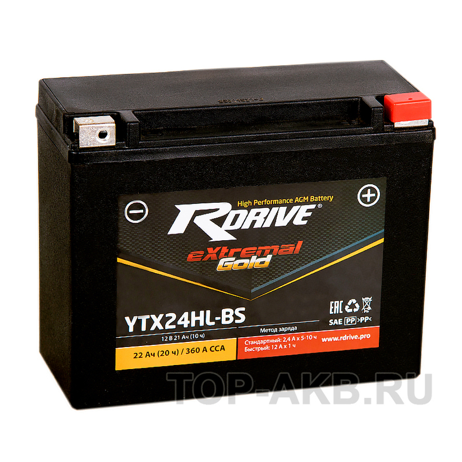 Мото аккумулятор RDrive YTX24HL-BS 12V 22Ah 360А обр. пол. AGM  (205x90x162) eXtremal GOLD
