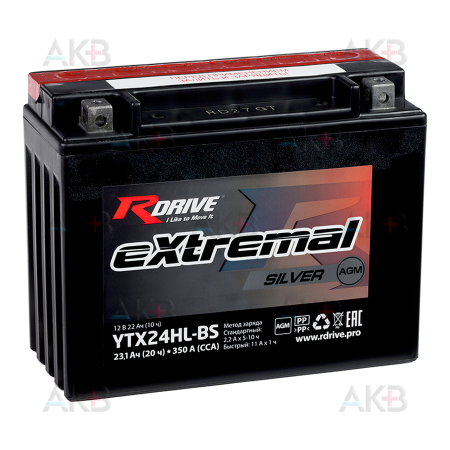 Мото аккумулятор RDrive YTX24HL-BS 12V 23,1Ah 350А обр. пол. AGM сухозаряж. (205x87x162) eXtremal SILVER