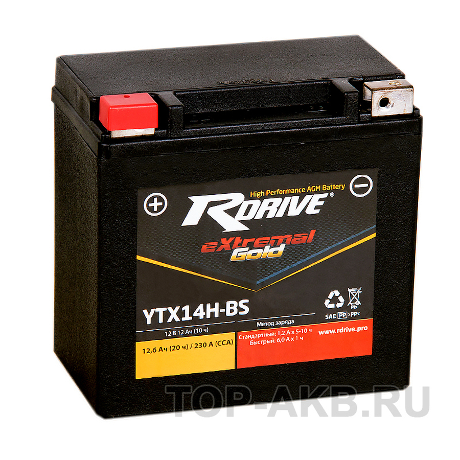Мото аккумулятор RDrive YTX14H 12V 12Ah 230А прям. пол. AGM (150x87x145) eXtremal GOLD