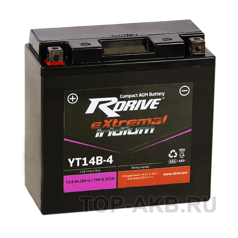 Мото аккумулятор RDrive YT14B-4 12V 12Ah 190А прям. пол. (150x69x145) eXtremal IRIDIUM