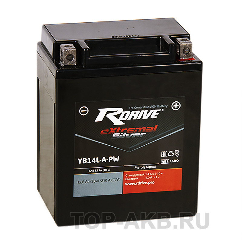 Мото аккумулятор RDrive YB14L-A-PW 12V 12Ah 210А обр. пол. AGM сухозаряж. (134x90x166) eXtremal SILVER