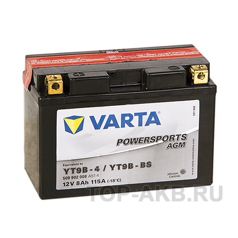 Мото аккумулятор Varta Powersports AGM YT9B-4/YT9B-BS 12V 8Ah 115А (149x70x105) прямая пол. 509 902 008, сухозар.