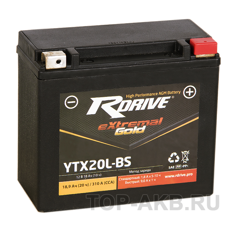 Мото аккумулятор RDrive YTX20L-BS 12V 18Ah 270А обр. пол. AGM (150x87x145) eXtremal GOLD