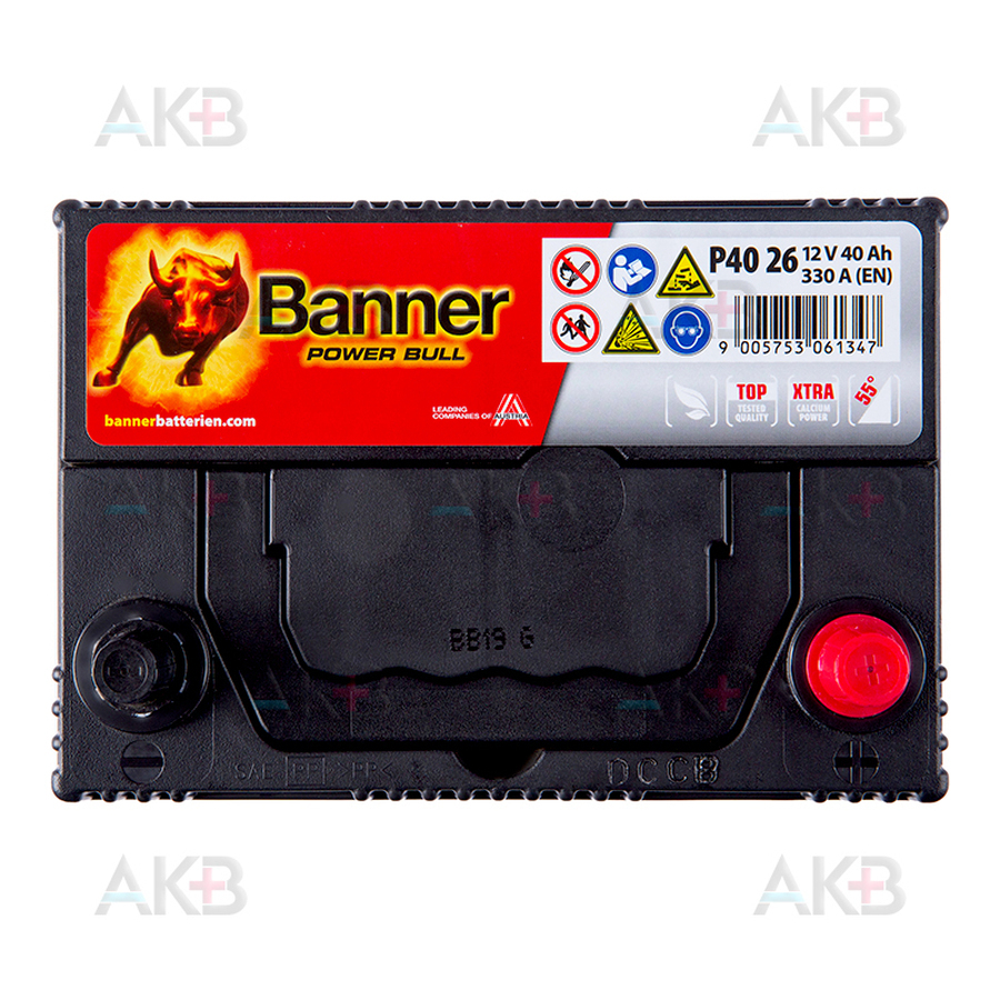 Автомобильный аккумулятор BANNER Power Bull (40 26) 40R 330A 187x127x226