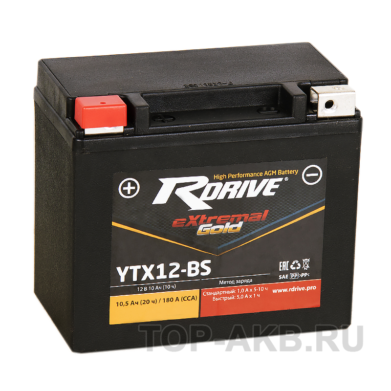Мото аккумулятор RDrive YTX12-BS  12V 10Ah 180А прям. пол. AGM (150x87x130) eXtremal GOLD