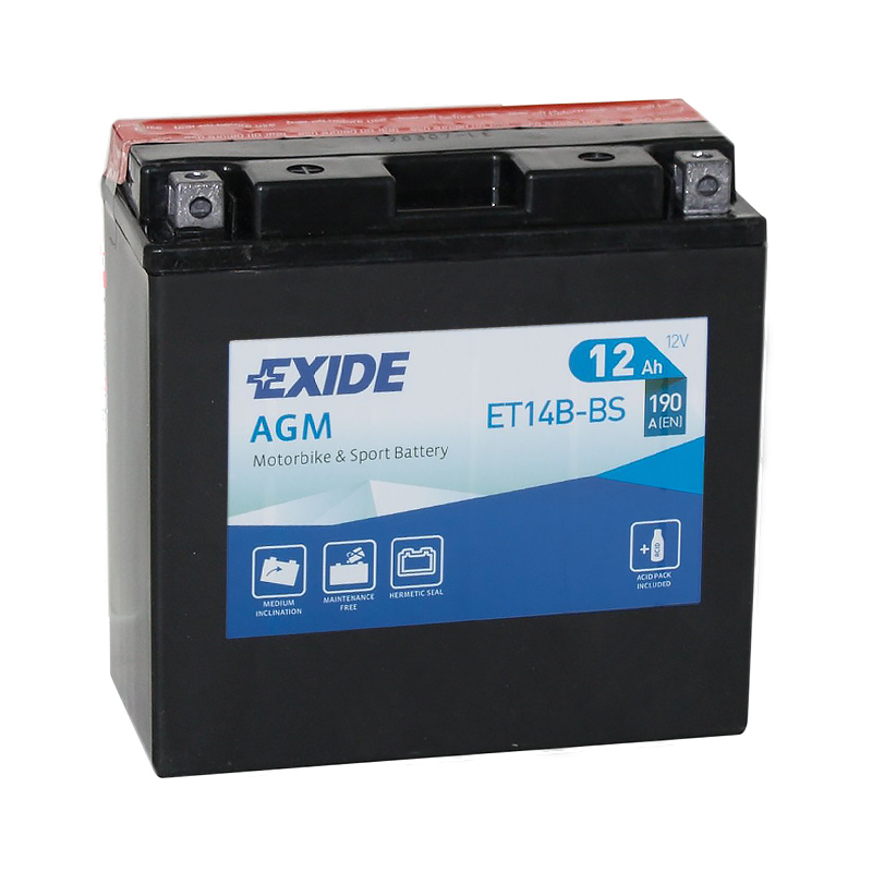 Мото аккумулятор Exide AGM сухозаряж. ET14B-BS 12V 12Ah 190A (150x70x145) прям. пол.