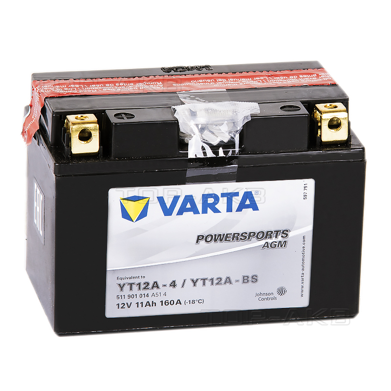 Мото аккумулятор VARTA Powersports AGM YT12A-4/YT12A-BS 12V 11Ah 160А (150x87x105) прямая пол. 511 901 014, сухозар.