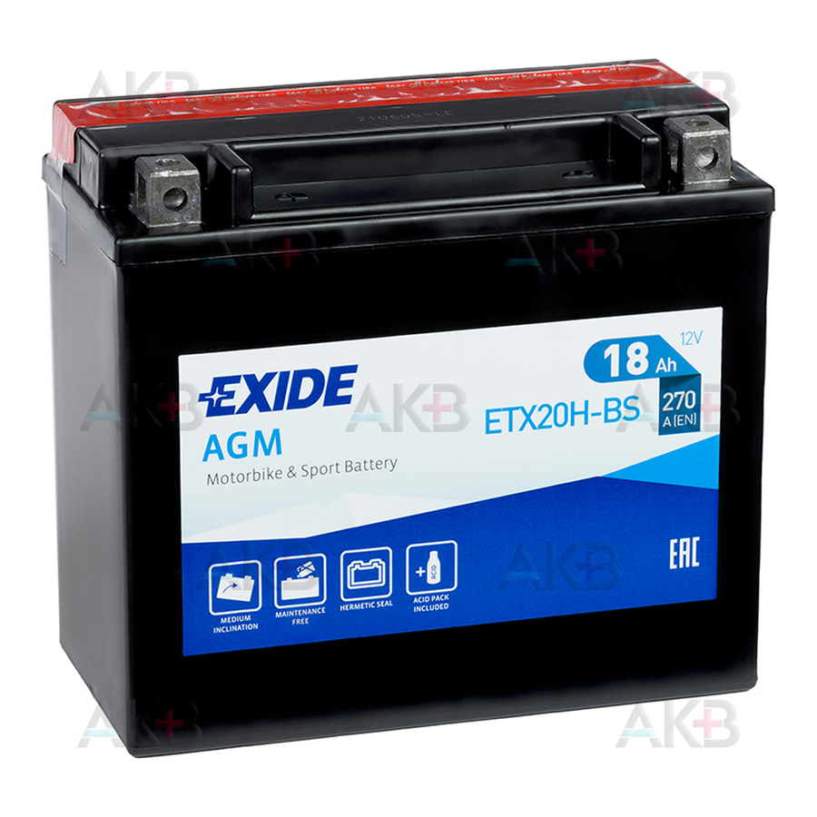 Мото аккумулятор Exide AGM сухозаряж. ETX20H-BS 12V 18Ah 230A (175x87x155) прям. пол.