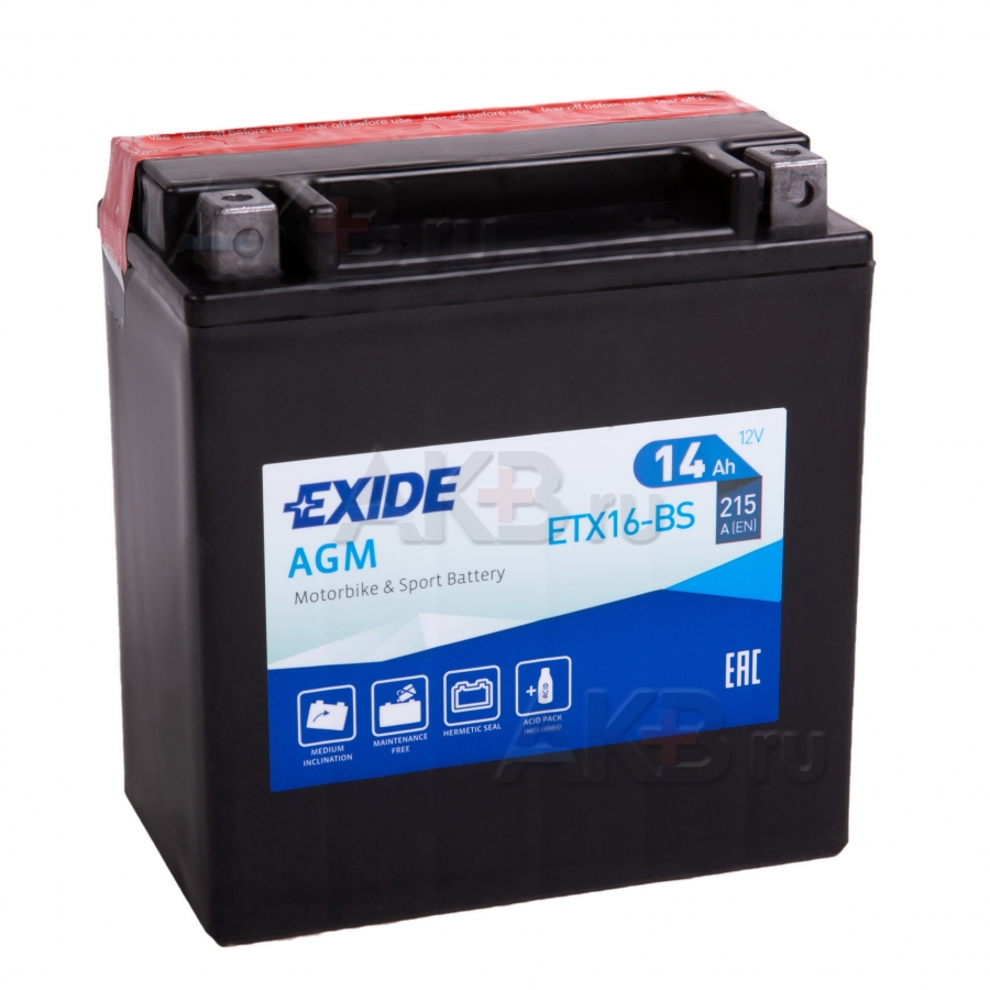 Мото аккумулятор Exide AGM сухозаряж. ETX16-BS 12V 14Ah 215A (150x87x161) прям. пол.