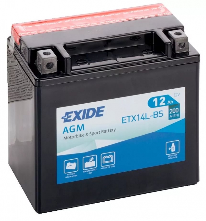 Мото аккумулятор Exide AGM сухозаряж. ETX14L-BS 12V 12Ah 200A (150x87x145) обр. пол.