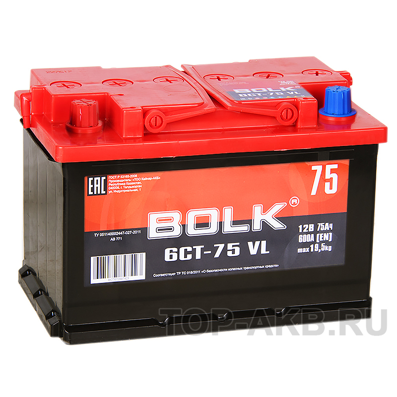 Автомобильный аккумулятор BOLK 75L 600A 278x175x190 AB751