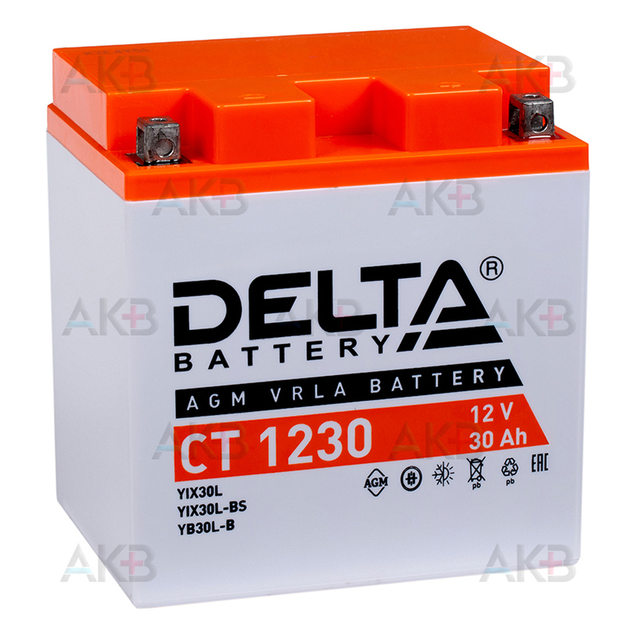 Мотоциклетный аккумулятор Delta CT 1230, 12V 30Ah, 300А (168x126x175) YTX30L-BS, YB30L-B, YTX30L обратная пол.