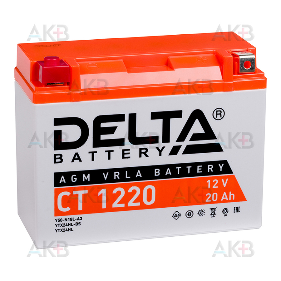 Мото аккумулятор Delta CT 1220, 12V 20Ah, 250А (204x91x159) Y50-N18L-A3, YTX24HL-BS, YTX24HL обратная пол.