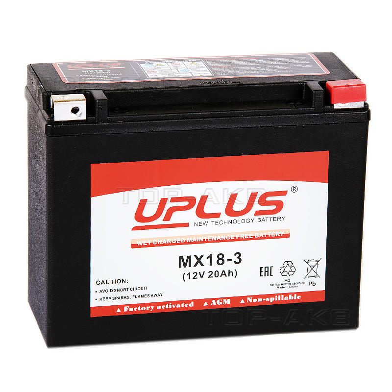 Мото аккумулятор Uplus MX18-3 12V 20Ah 340А обр. пол. (205x90x162) Power Sport