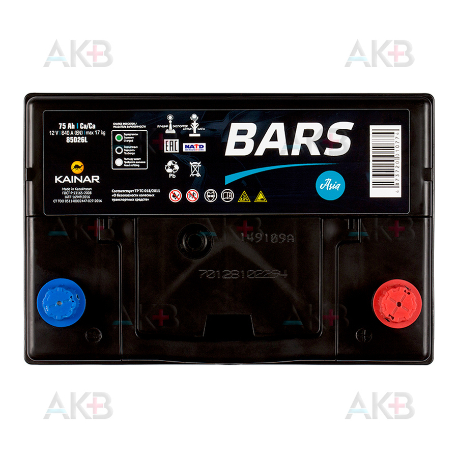 Автомобильный аккумулятор BARS Asia 6СТ-75 VL АПЗ о.п 85D26L 75Ач 640A (261x173x225)