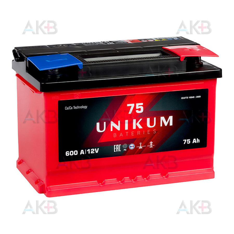 Автомобильный аккумулятор UNIKUM 75R 600A (278x175x190)