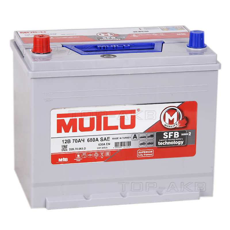 Автомобильный аккумулятор Mutlu SMF M2 Mega 80D26FR бортик 70L 630А (261x173x225) D26.70.063.D