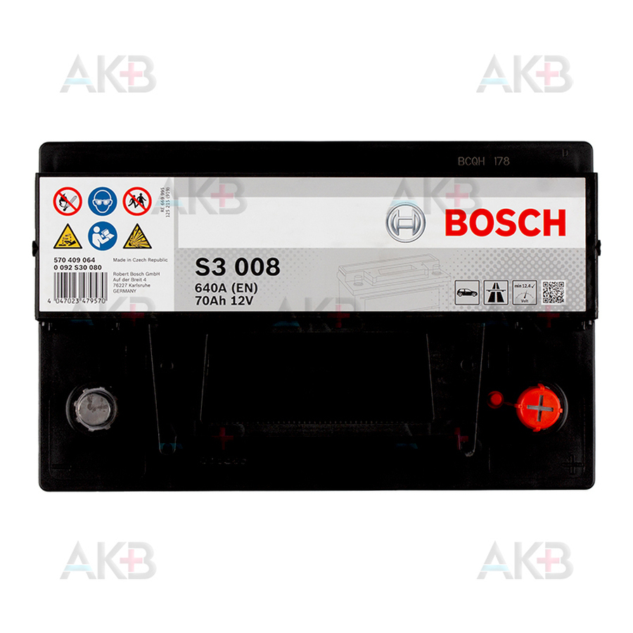 Автомобильный аккумулятор Bosch S3 008 70R 640A 278x175x190