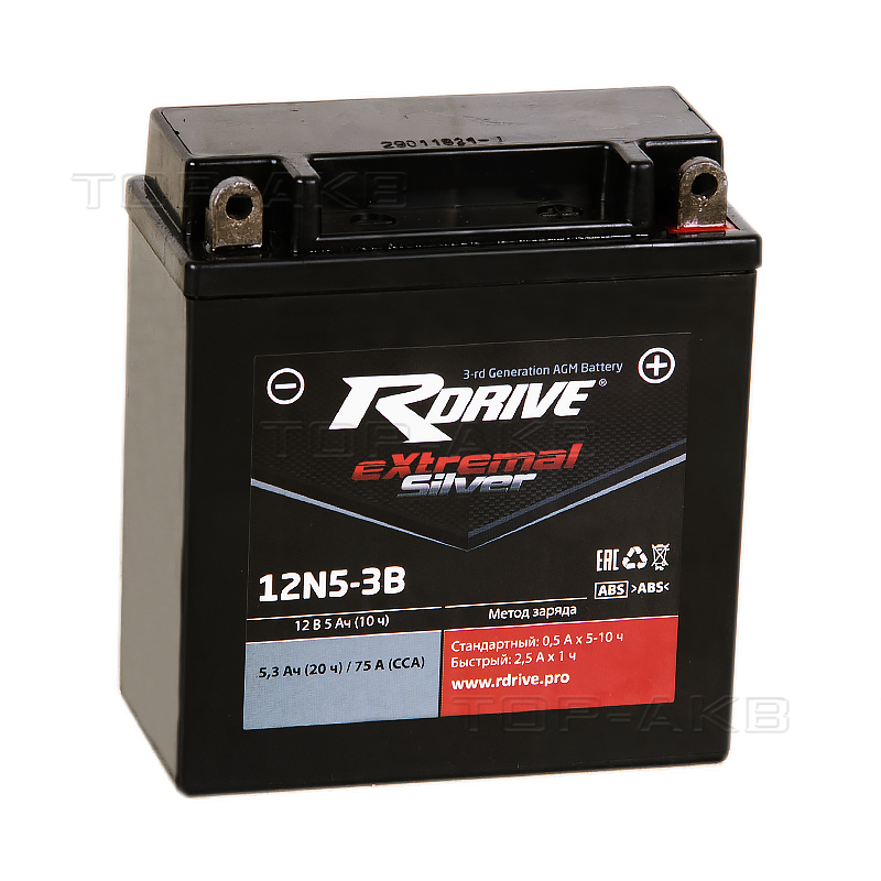 Мото аккумулятор RDrive 12N5-3B 12V 5Ah 75А обр. пол. AGM сухозаряж. (120x60x130) eXtremal SILVER