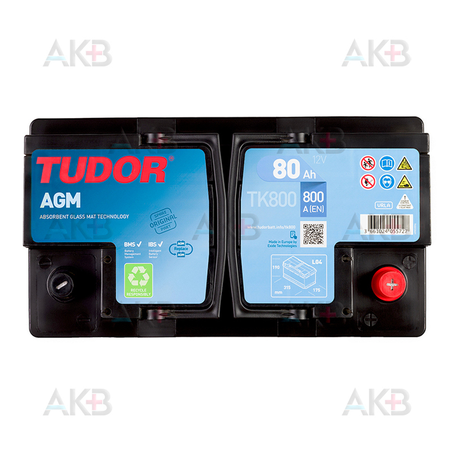 Автомобильный аккумулятор Tudor Start-Stop AGM 80R (800A 315x175x190) TK800
