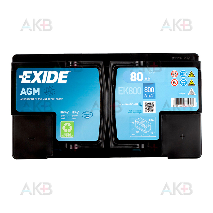 Автомобильный аккумулятор Exide Start-Stop AGM 80R (800А 315x175x190) EK800