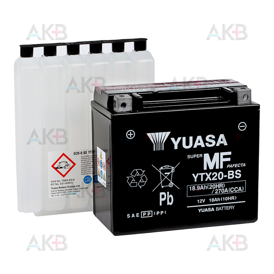 Мото аккумулятор Yuasa YTX20-BS - 18,9 Ач 270А (175x87x155) прям. пол. AGM сухозаряж.