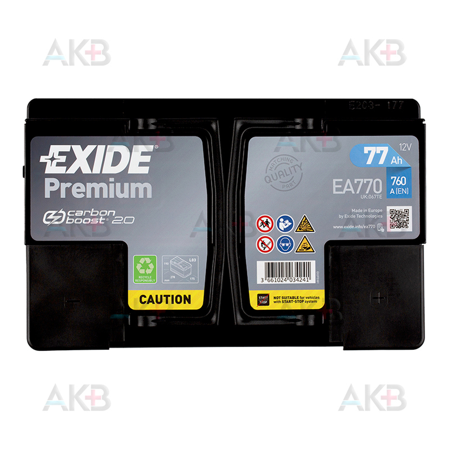 Автомобильный аккумулятор Exide Premium 77R (760А 278х175х190) EA770