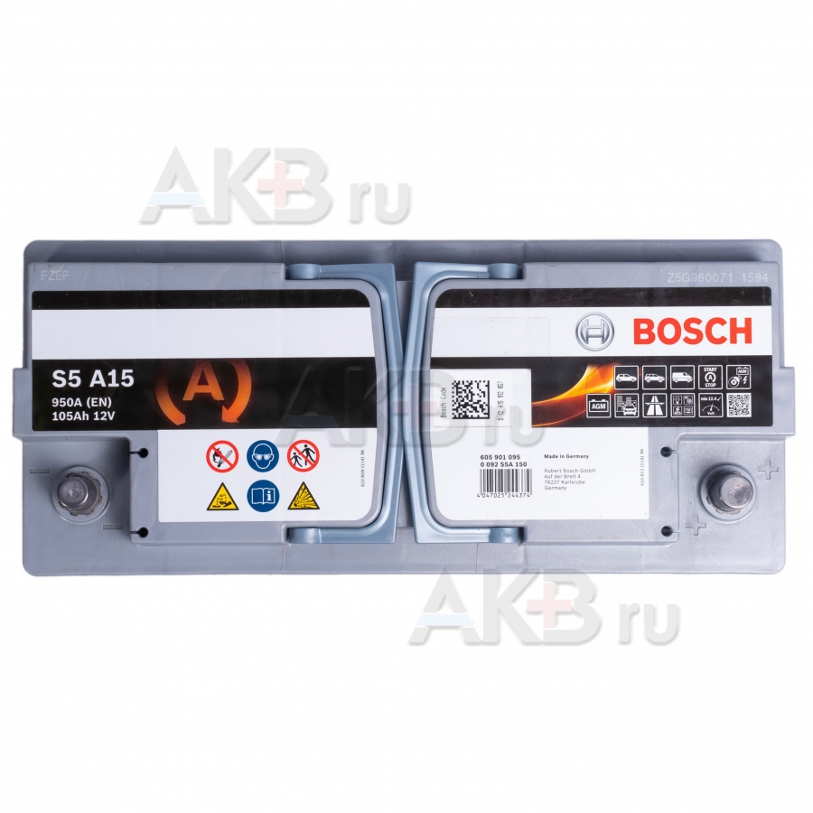 Автомобильный аккумулятор Bosch S5 A15 AGM 105R 950A 393x175x190