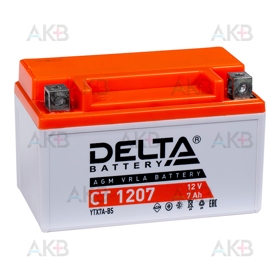 Мото аккумулятор Delta CT 1207, 12V 7Ah, 105А (150x87x93) YTX7A-BS