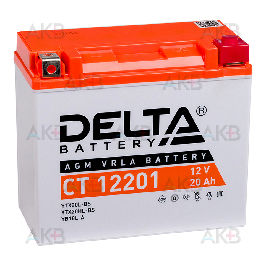 Мото аккумулятор Delta CT 12201, 12V 20Ah, 270А (175x87x155) YTX20L-BS, YB16L-B, YB18L-A