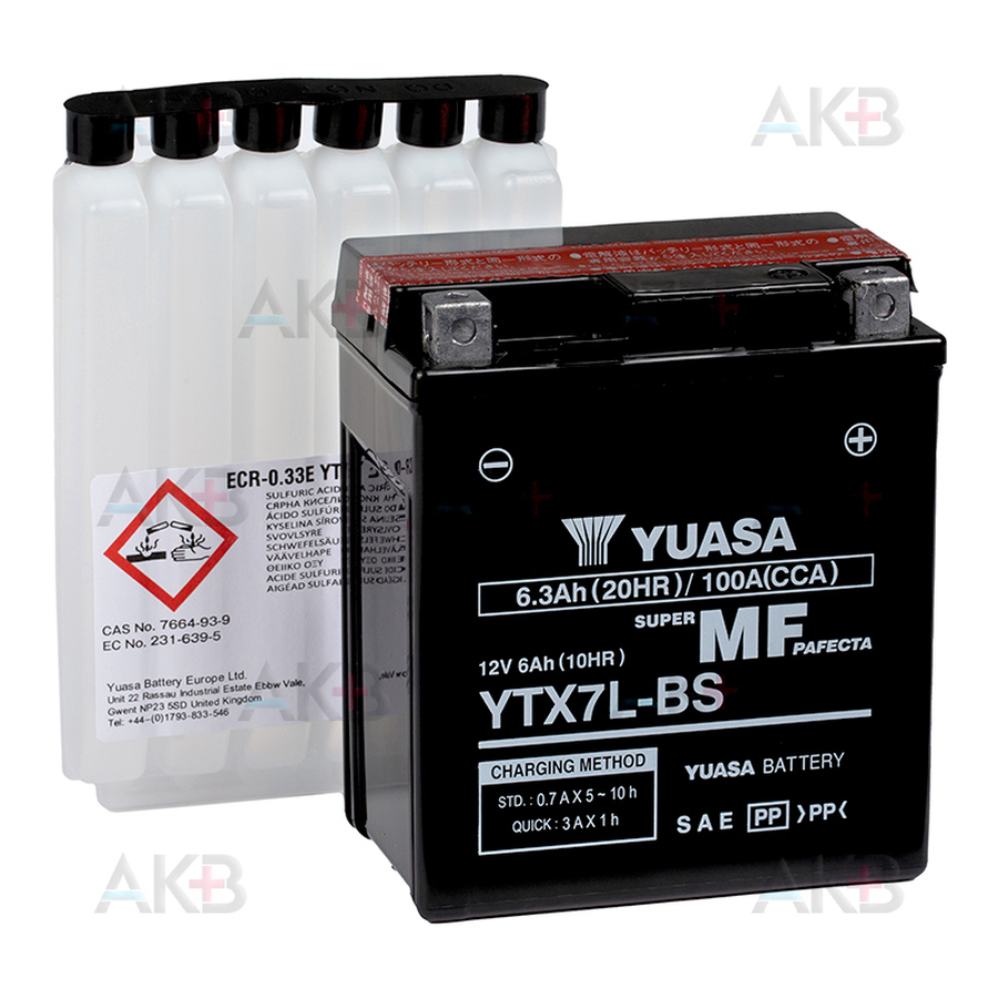 Мото аккумулятор Yuasa YTX7L-BS - 6,3Ач 100А (114x71x131) обр. пол. AGM сухозаряж.