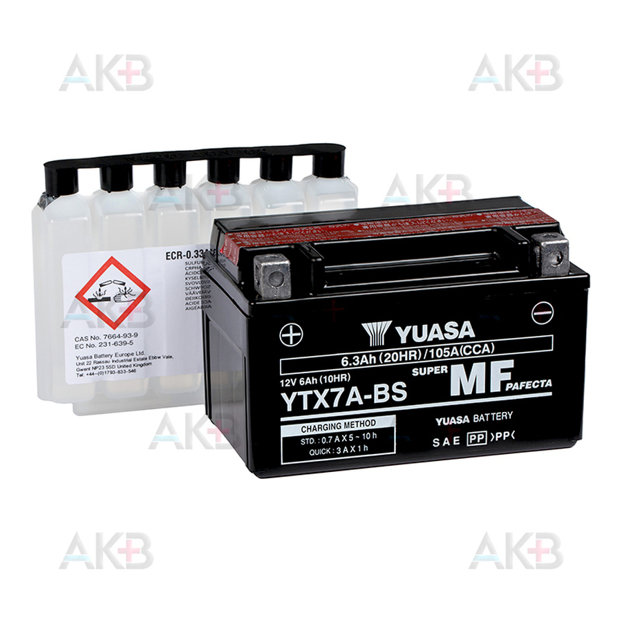 Мото аккумулятор Yuasa YTX7A-BS - 6,3 Ач 105А (150x87x93) прям. пол. AGM сухозаряж.