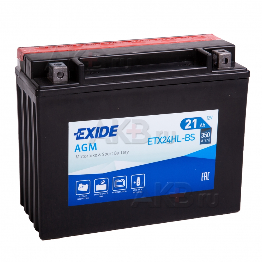 Мото аккумулятор Exide AGM сухозаряж. ETX24HL-BS 12V 21Ah 350A (206x92x163) обр. пол.
