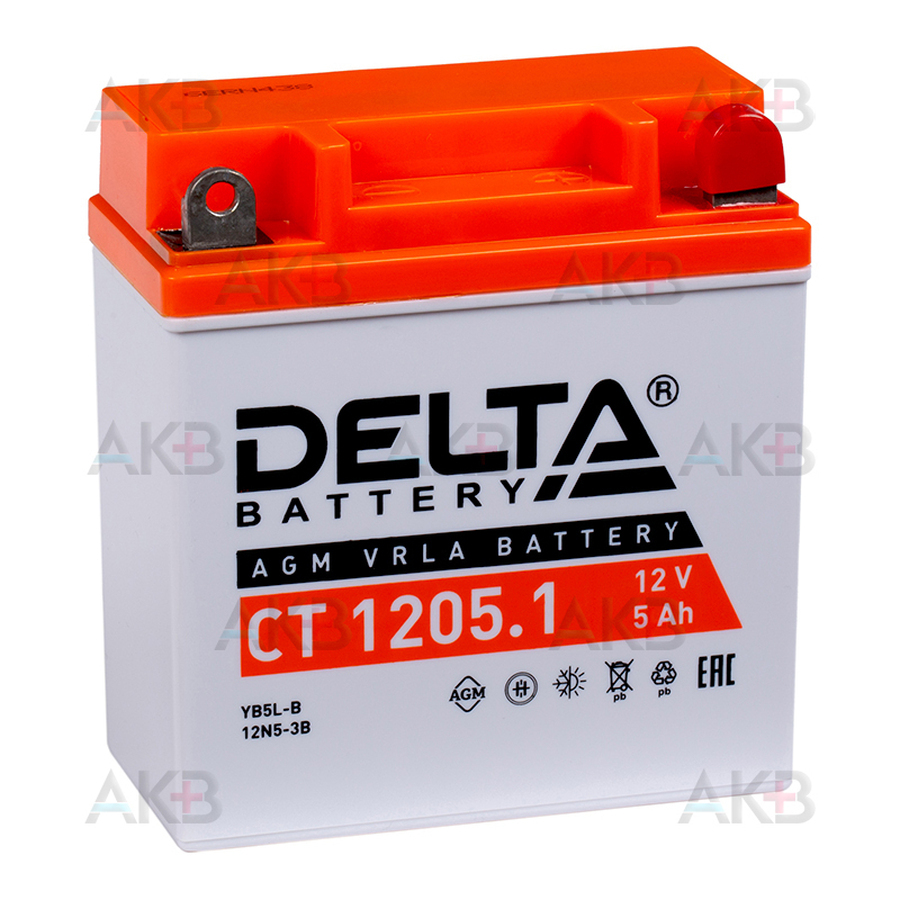 Мото аккумулятор Delta CT 1205.1, 12V 5Ah, 65А (120x60x130) YB5L-B, 12N5-3B