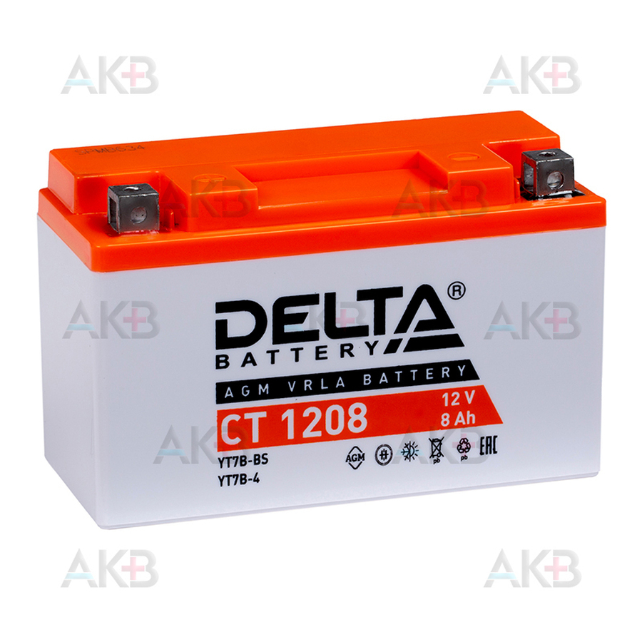 Мото аккумулятор Delta CT 1208, 12V 8Ah, 130А (150x66x95) YT7B-BS, YT7B-4