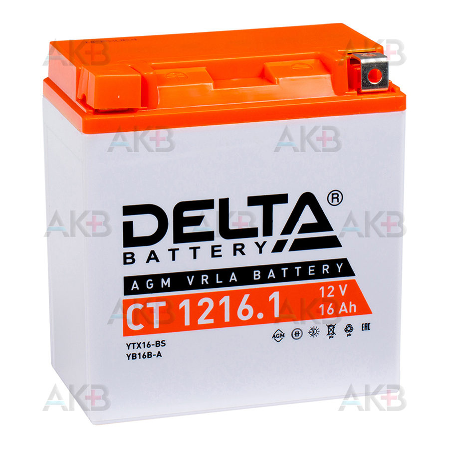 Мото аккумулятор Delta CT 1216.1, 12V 16Ah, 230А (150x87x161) YTX16-BS, YB16B-A