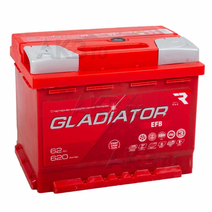 Автомобильный аккумулятор GLADIATOR EFB 62L 620A 242x175x190