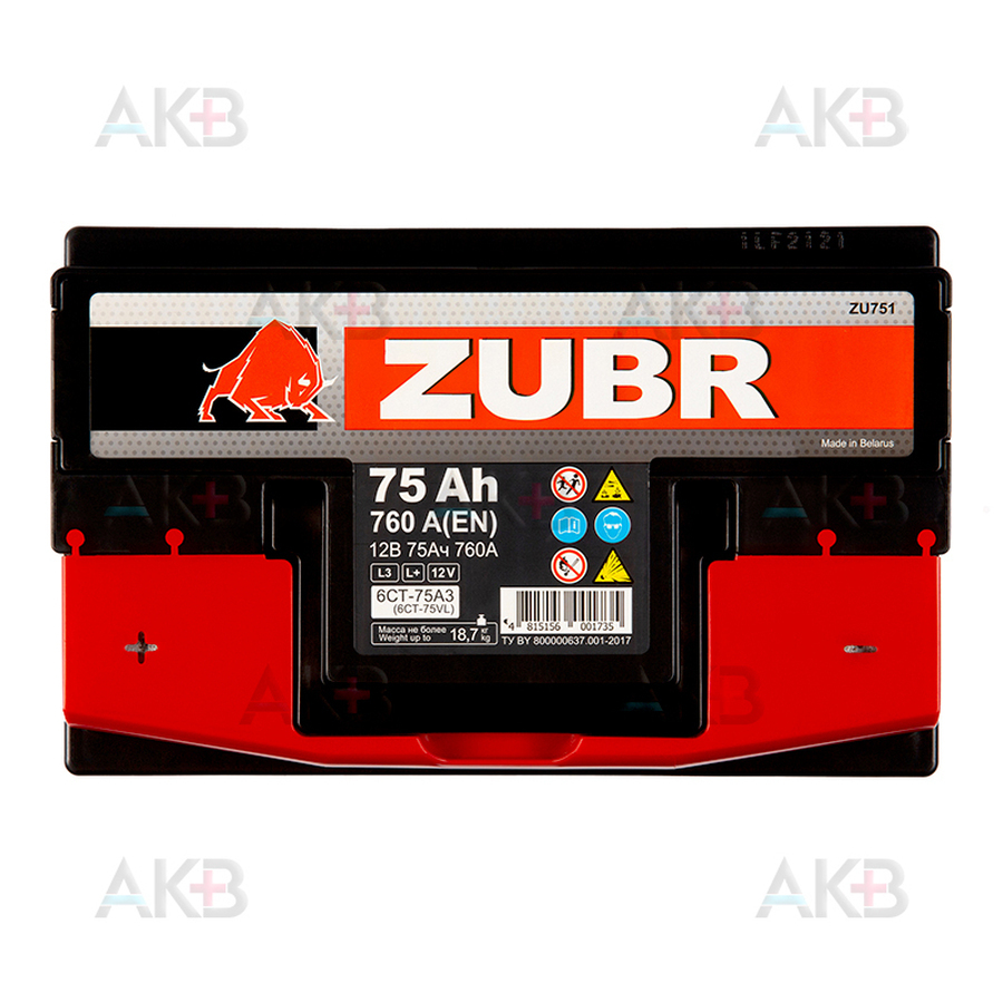 Автомобильный аккумулятор ZUBR Ultra 75L 760A (278x175x190)