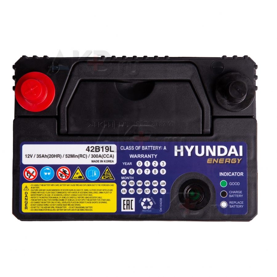 Автомобильный аккумулятор HYUNDAI 42B19L 12V 35Ah 300A (187x127x227) обр. пол.