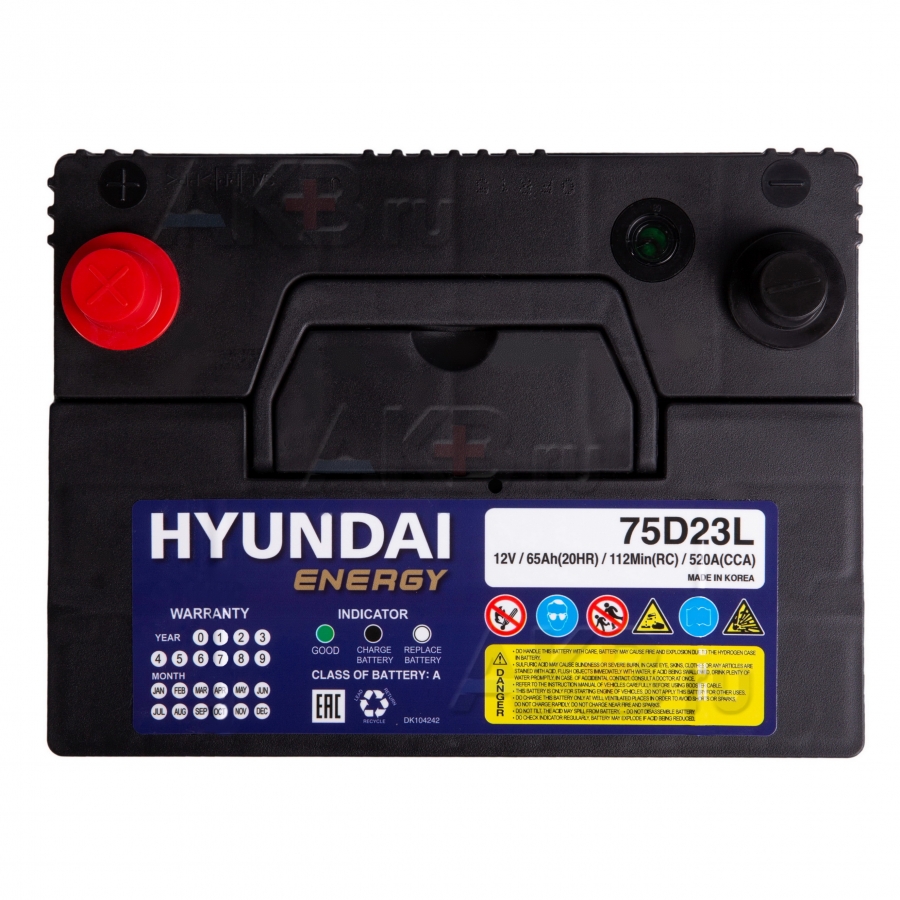 Автомобильный аккумулятор HYUNDAI 75D23L 12V 65Ah 550A (232x173x225) обр. пол.
