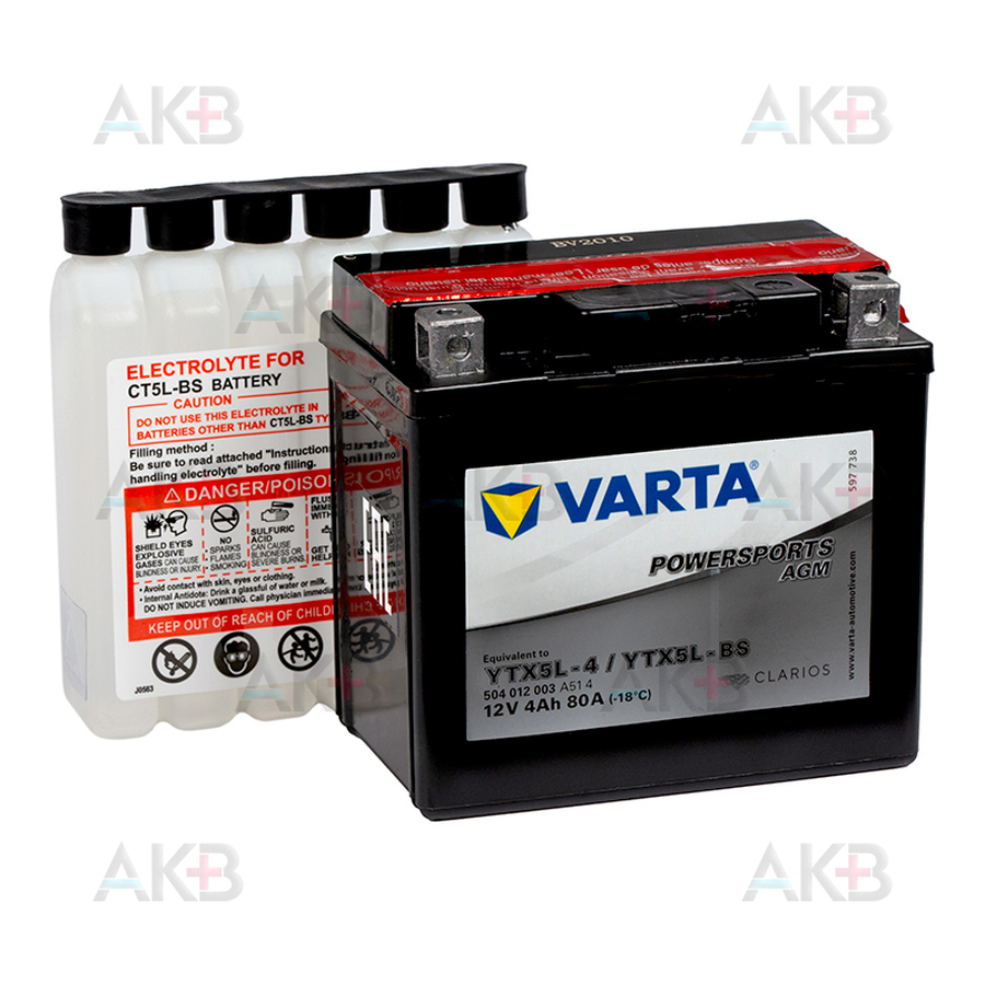 Мото аккумулятор VARTA Powersports AGM YTX5L-4/YTX5L-BS 12V 4Ah 80А (113x70x105) обр. пол. 504 012 003, сухозар.