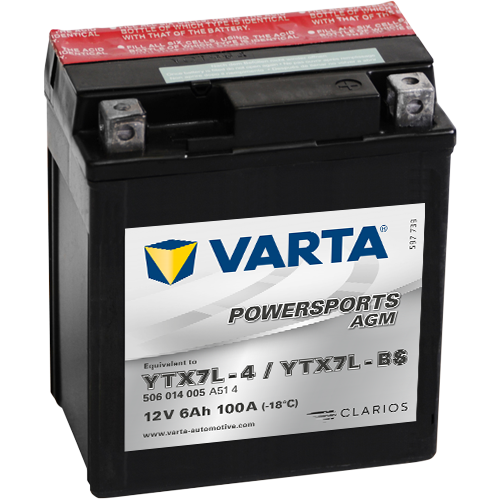 Мото аккумулятор VARTA Powersports AGM YTX7L-BS 12V 6Ah 100А (114x71x131) обр. пол. 506 014 005, сухозар.