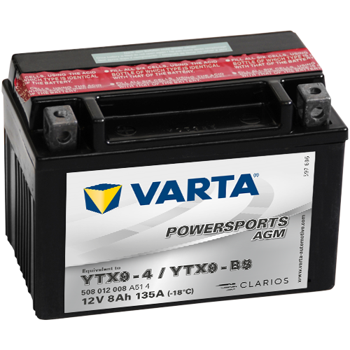 Мото аккумулятор VARTA Powersports AGM YTX9-4/YTX9-BS 12V 8Ah 135А (152x88x106) прямая пол. 508 012 008, сухозар.