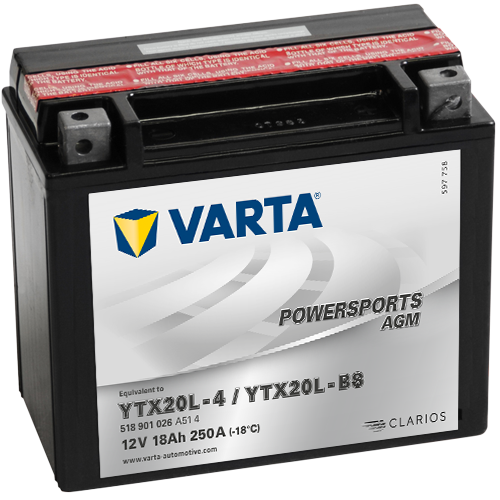 Мото аккумулятор VARTA Powersports AGM YTX20L-4/YTX20L-BS 12V 18Ah 250А (177x88x156) обр. пол. 518 901 026, сухозар.