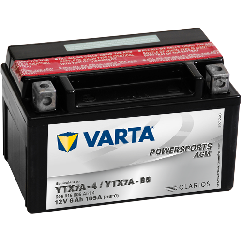 Мото аккумулятор VARTA Powersports AGM YTX7A-4/YTX7A-BS-1 12V 6Ah 105А (150x87x93) прямая пол. 506 015 005, сухозар.