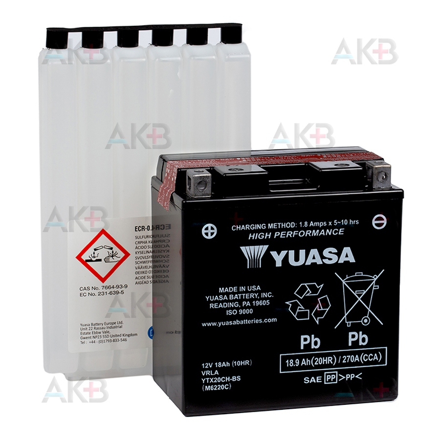 Мото аккумулятор Yuasa YTX20CH-BS - 18,9 Ач 270А (150x87x161) прям. пол. AGM сухозаряж.