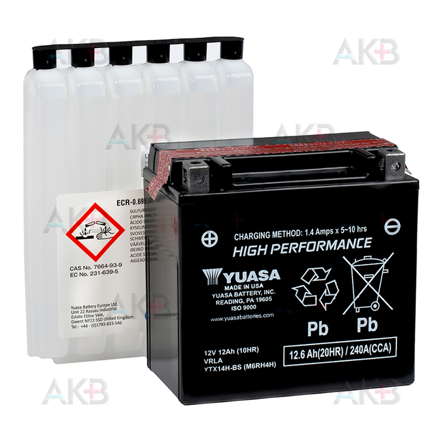 Мото аккумулятор Yuasa YTX14H-BS 12V 12,6Ah 240А (150x87x145) прям. пол. AGM сухозаряж.