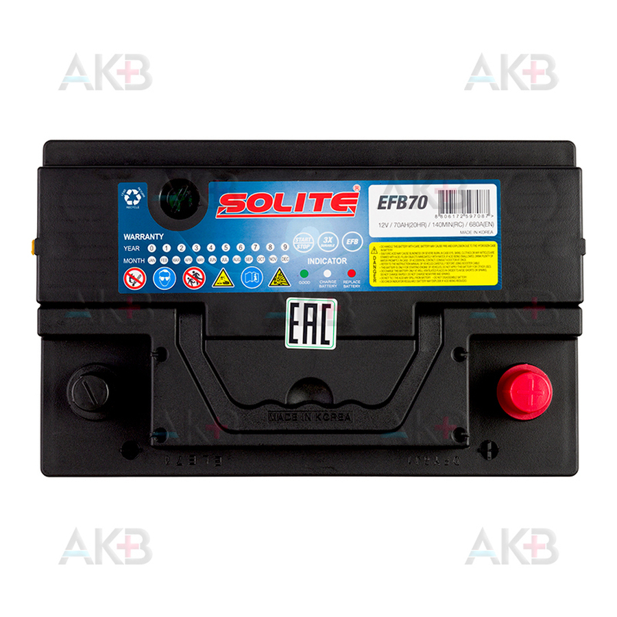 Автомобильный аккумулятор Solite EFB 70Ah 680A (278х175х190) о/п