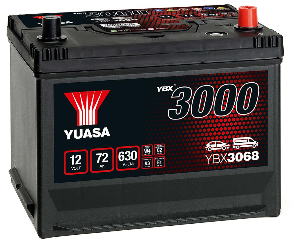 Автомобильный аккумулятор YUASA YBX3068 72 Ач 630А обр. пол. (260x173x225) нижн. кр.